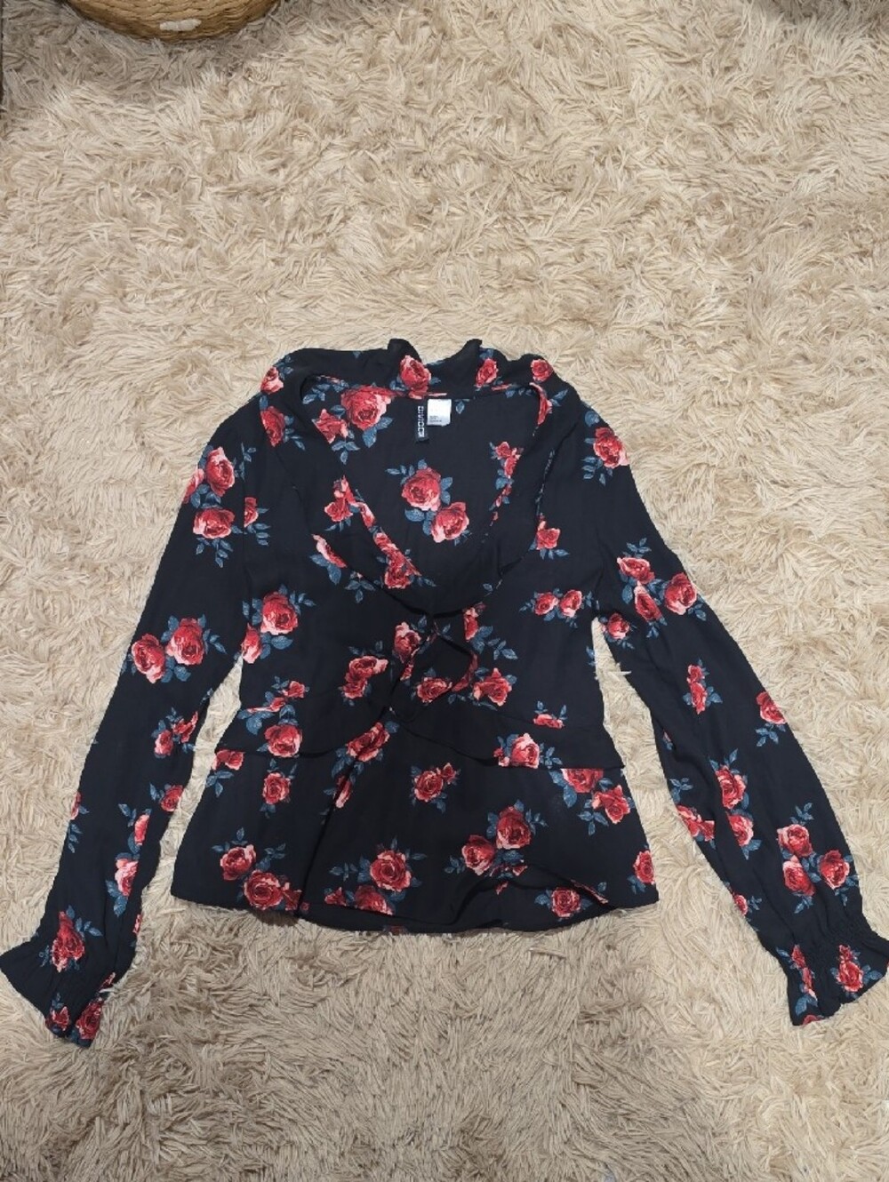 H&M Black Blouse with Red Rose Print and Hood